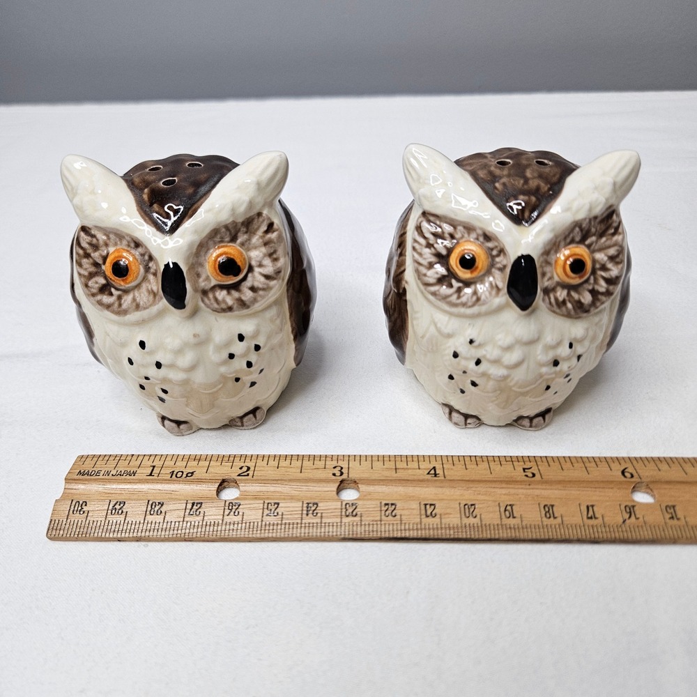 Vtg Owl Salt and Pepper Shakers Set Ceramic Japan Brown White Mid Century Modern